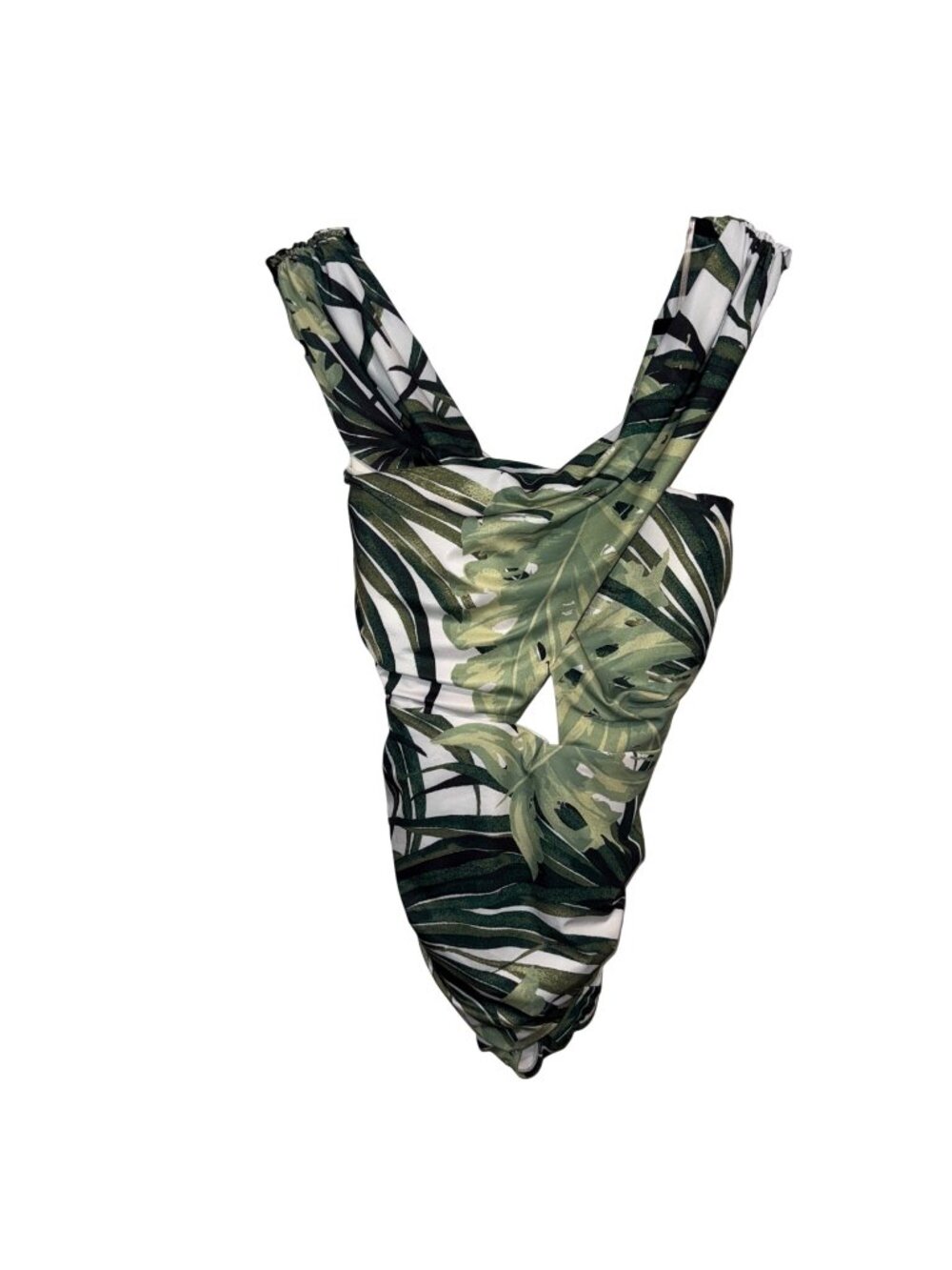 NWT Cacique Tropical Green Palm Leaf Print Womens One-Piece Swimsuit Cross Back
